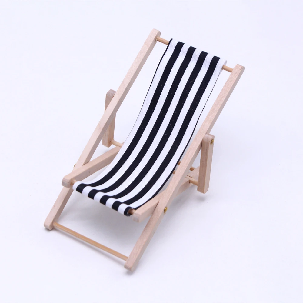 3 piezas 1:12 silla de playa de madera plegable en miniatura, mini silla de  cubierta Longue, mini accesorios de muebles con rayas rojas/azules para