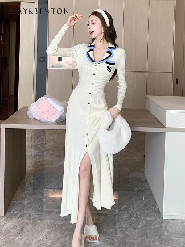 

French Elegance Single-Breasted Polo Collar Long-Sleeved Knitted Dresses High Waist Slim Fit High-End Patchwork A-line Dress