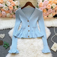 YuooMuoo Brand Fashion Women Knitted Cardigan Sweaters 2025 Autumn V-neck Single-breasted Ruffled Knitwear Coats Ladies Shirts