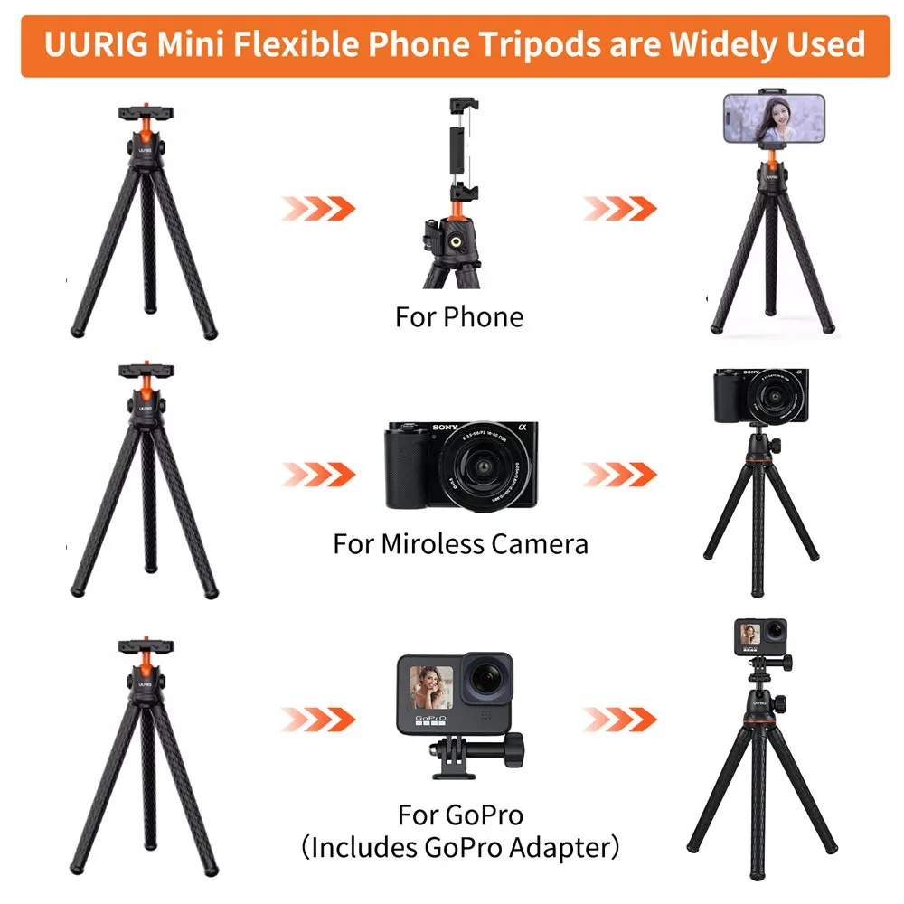 UURIG-Octopus tripé flexível para telefone, SLR DSLR, Gopro Camera, estender parafuso com Ballhead, ColdShoe, telefone clip remoto, 1/4