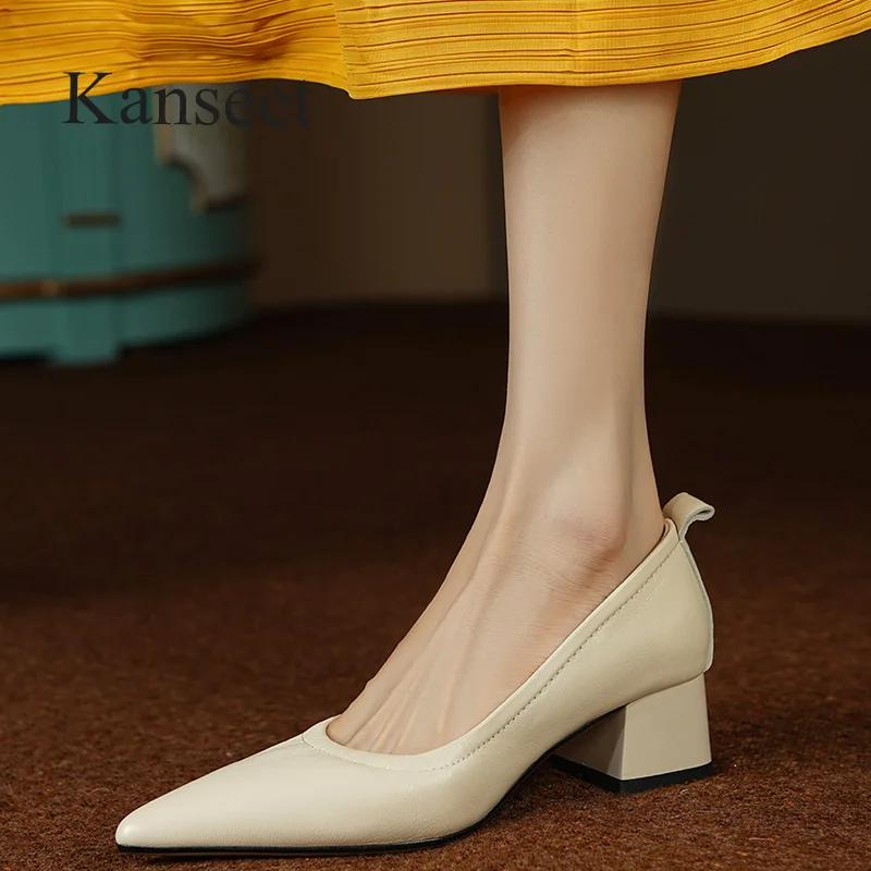 

Kanseet Pointed Toe Pumps 2024 Spring Elegant Women Shoes Genuine Leather Handmade Office Dress Lady Daily Mid Heels Footwear