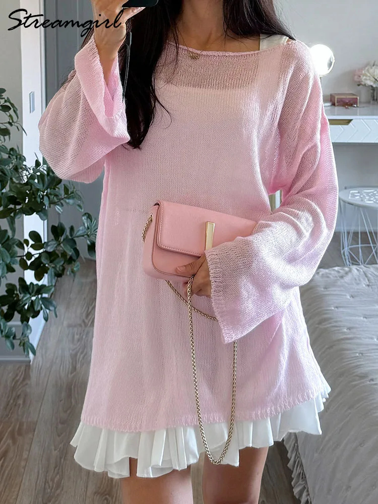 Women Summer Oversized Hollow Out Sweater Pink Loose Thin