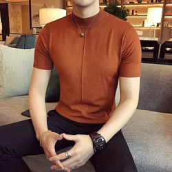 7 Colors Half High Collar Men T-shirt New 2021 Spring Short Sleeve Solid Color Sweater Pullover T Shirt Slim Knitted Tees Top