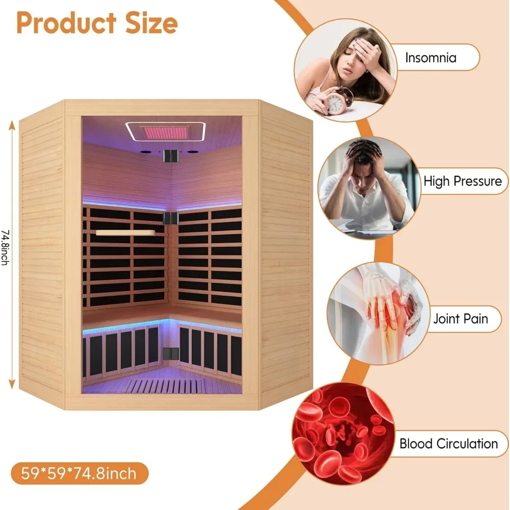 Sauna, 5 Person Far Infrared Saunas Room Low-EMF Dry Saunas with 11 Heating Plates Beauty Lamp Oxygen Bar Speaker Control Panel 5