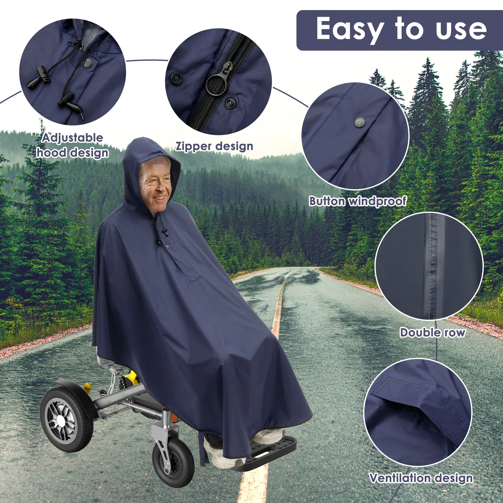 Reflective Wheelchair Poncho Polyester Waterproof Mobility Scooter Raincoat With Adjustable Hood Disabled Raincoat for Men Women