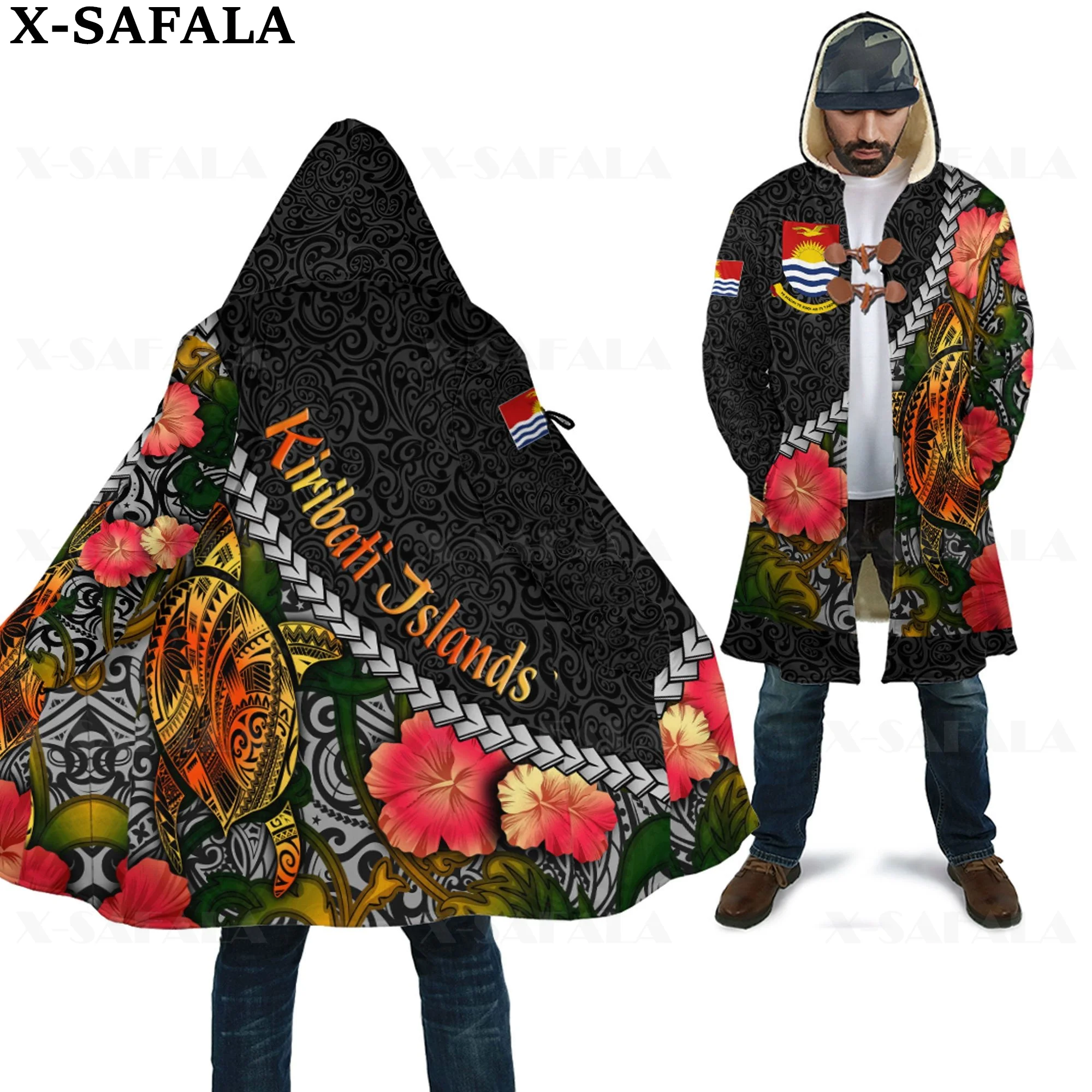 

Kiribati Islands Polynesia Country Art Thick Warm Hooded 3D Print Cloak Men Overcoat Coat Windproof Fleece Cape Robe Blanket-2
