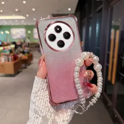 Gradient Glitter Shockproof TPU Phone Case with Luxury Pearl Chain Wrist Strap for Redmi A4 5G (Pink)