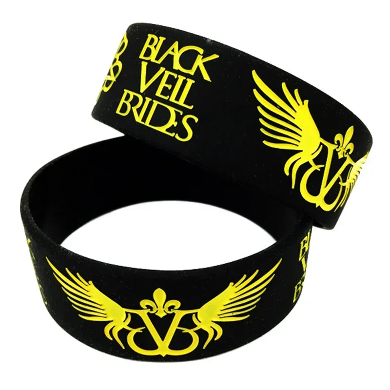 25 Pcs Black Veil Brides Silicone Bracelet with Angel Wings Music Concert Bangle 1 Inch Wide Wristband 5