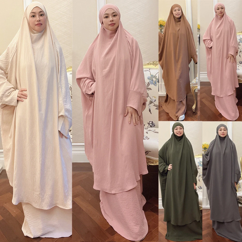 

2 Pieces Set Islamic Prayer Garment Muslim Women Overhead Hijab Dress Eid Ramadan Abaya Kaftan Niqab Burqa Khimar Abayas Robe