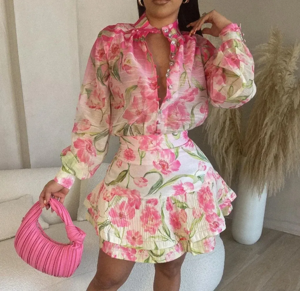 

Shirt Sets Summer Dress Sets Two Piece Suit Women Print Flower Long Sleeve Shirt Floral Holiday Turtleneck Short Skirt Set