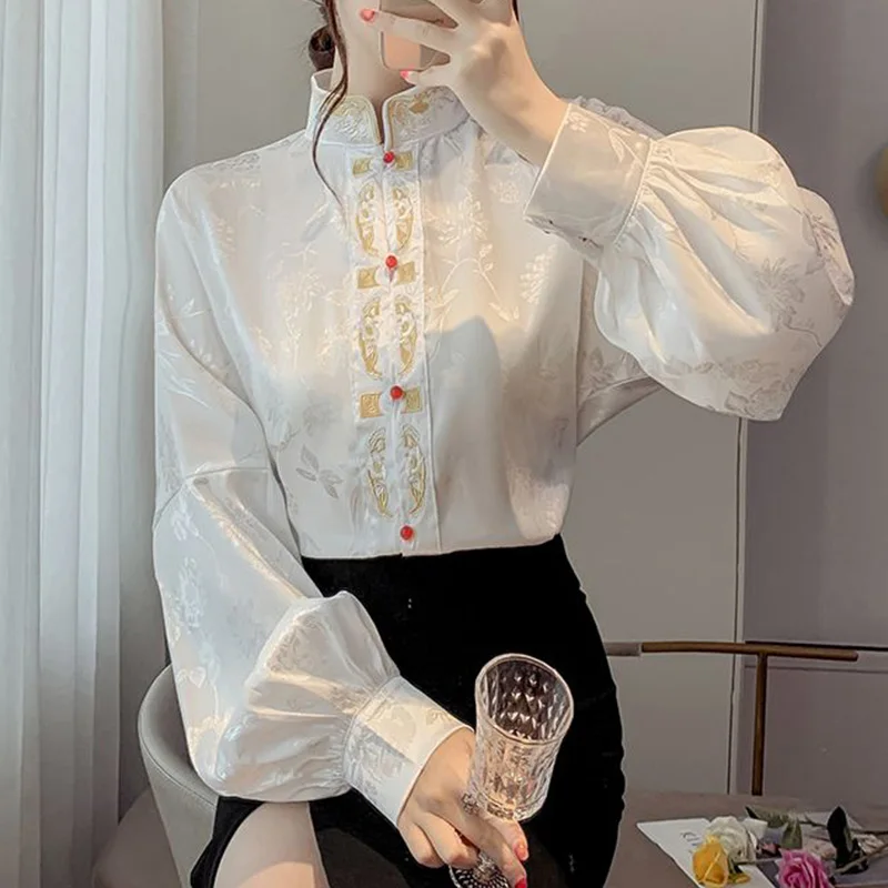 New Summer Elegant Fashion Solid Color Print Retro Office Lady Women's Clothing Chinese Style Embroidery Turtleneck Tops