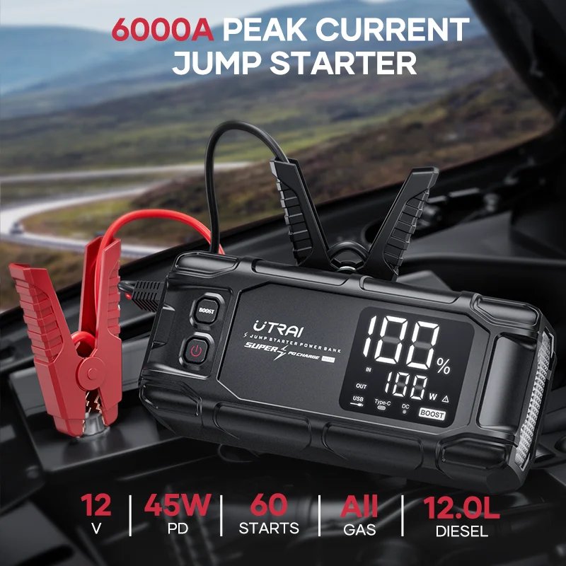 UTRAI 26800mAh 6000A מתנע רכב נייד עוצמתי, סוללת גיבוי ניידת עם טעינה מהירה PD45W, מסך LED בגודל 6.0 אינץ', מכשיר התנעה לחירום