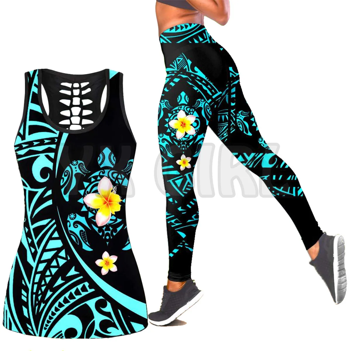 Sea Turtle Kanaka Polynesian Tribal 3D Printed Tank Top+Legging Combo Outfit Yoga Fitness Legging Women mens zaful ethnic tribal aztec printed zip up fluffy teddy sweatshirt m deep red