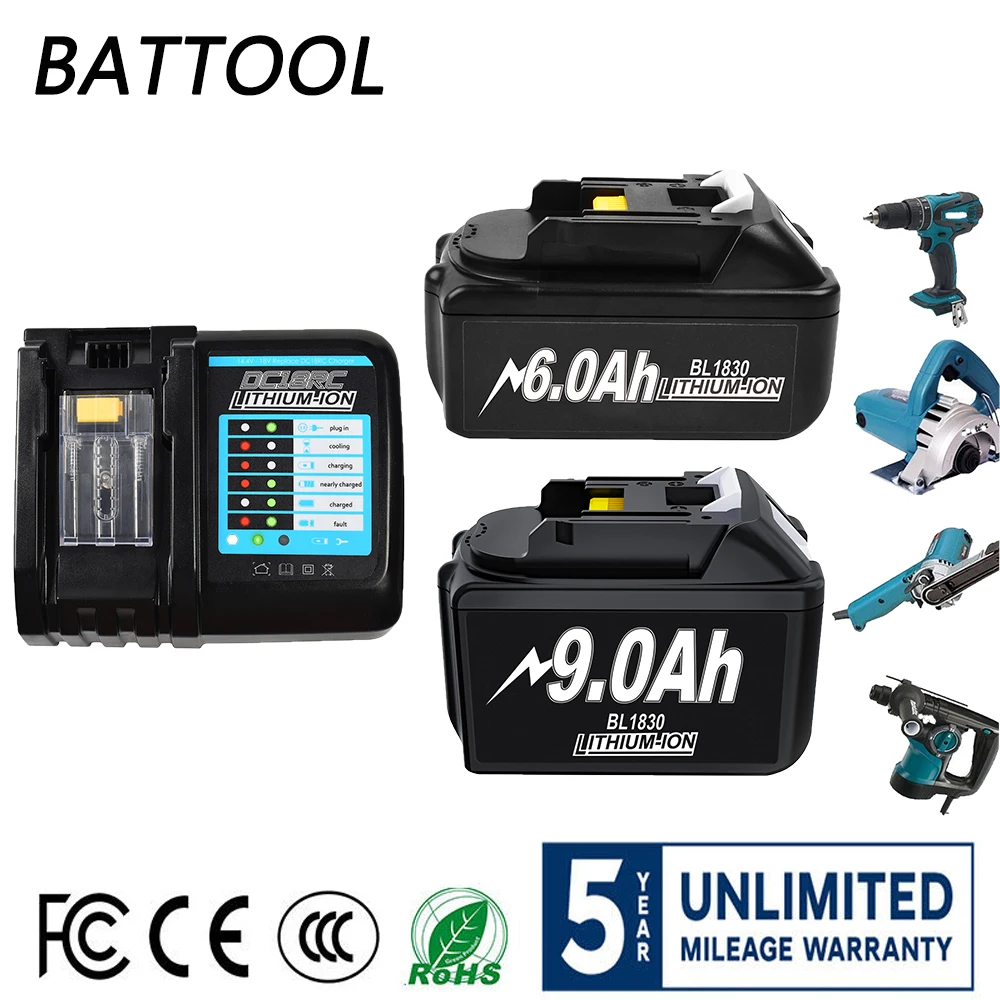 

18V 9.0Ah 6.0AH Set Battery For Makita 18V Battery BL1830B BL1850B BL1850 BL1840 BL1860 BL1815 Replacement Lithium Battery