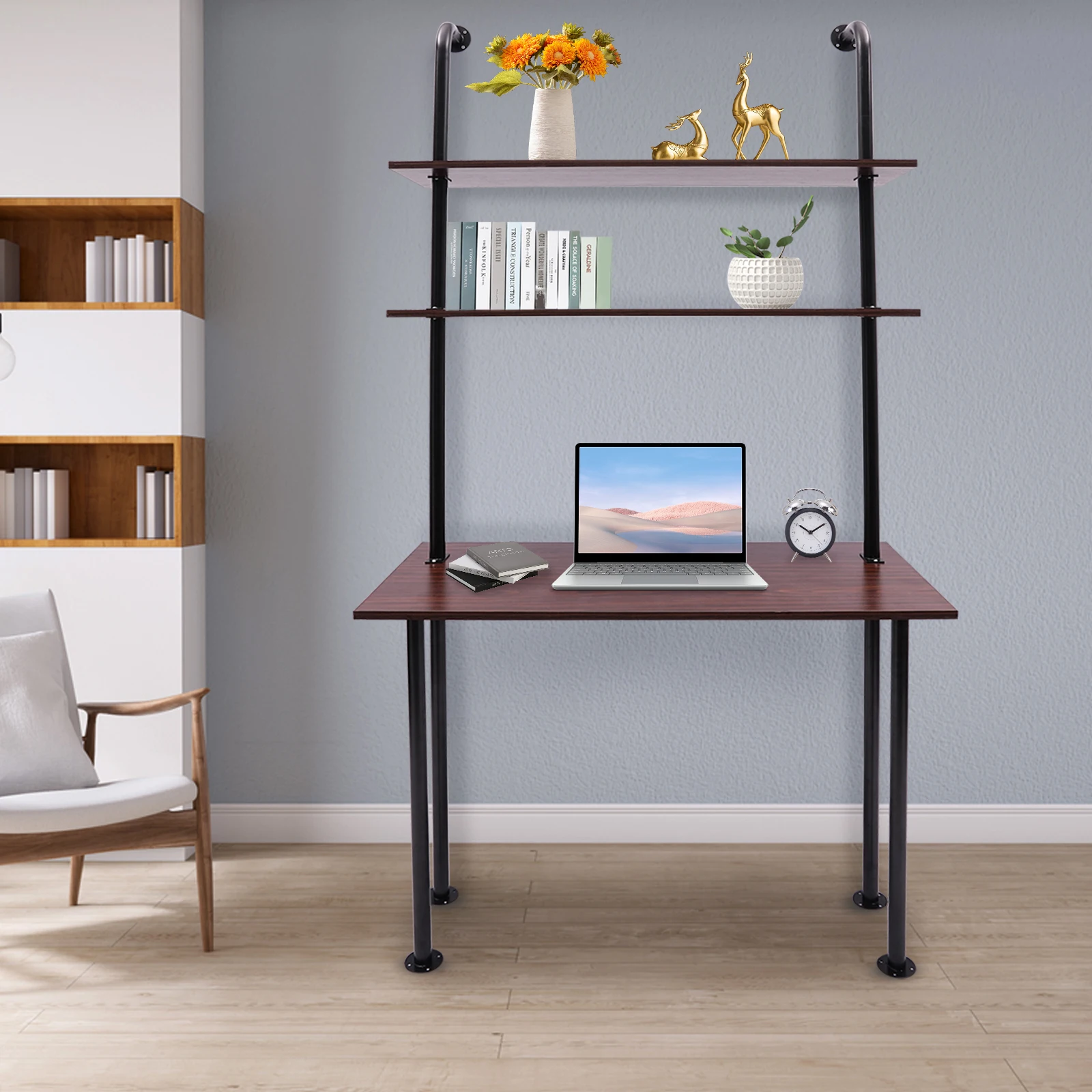 Wall Mount Desk 3 Tiers Computer Writing Table Laptop Industrial Bookcase Floating Pipe Ladder with Shelf for Home Office School 2