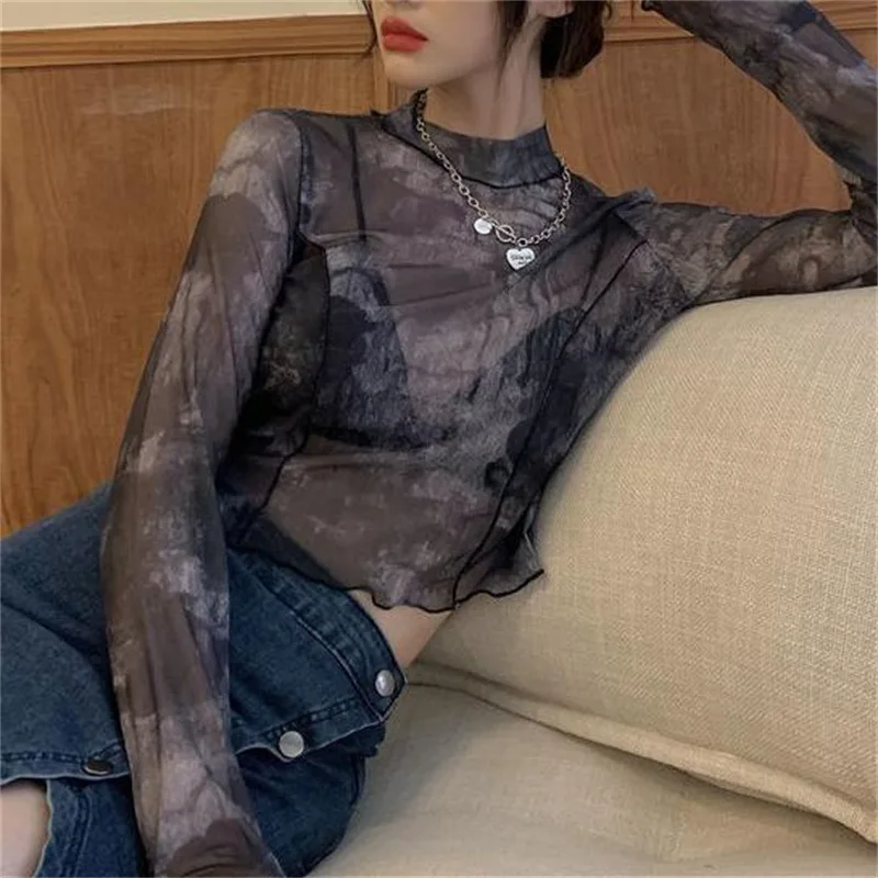 Korean Fashion Y2k Women Tie-dye T-Shirts Sexy Mesh Crop Tops Long Sleeve See Through Slim Turtleneck Female Printed Outfits