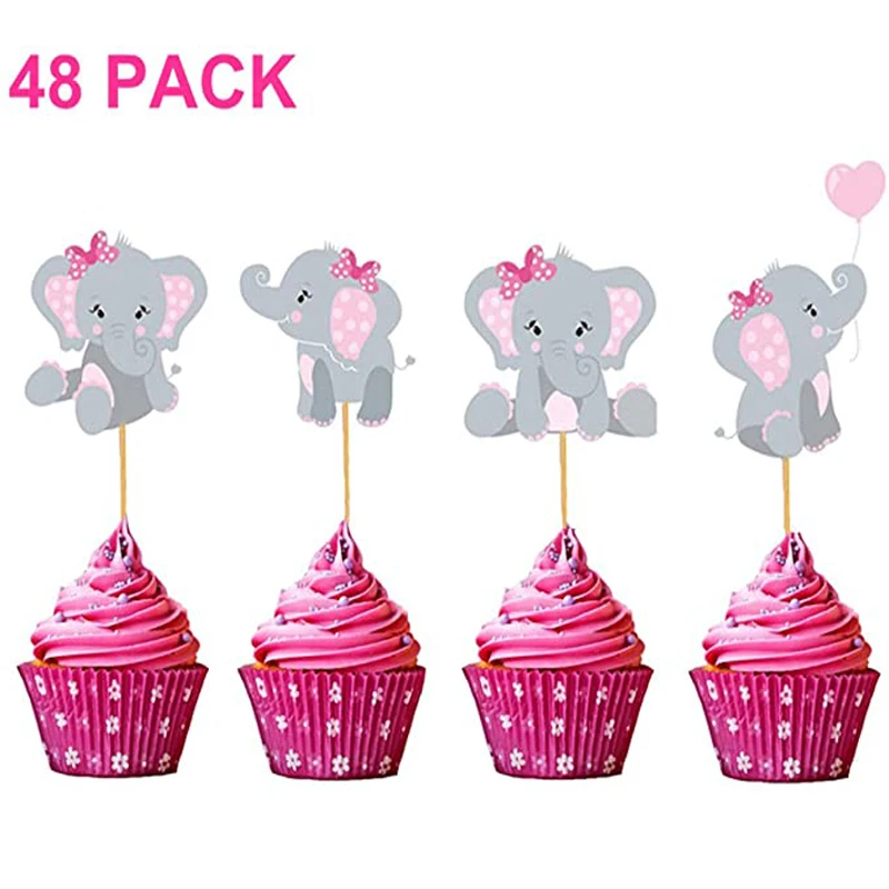 

Elephant Cupcake Toppers Cupcake Decorations It's A Girl Baby Shower Kids Birthday Girls Birthday Party Supplies 48 Pack (Pink)