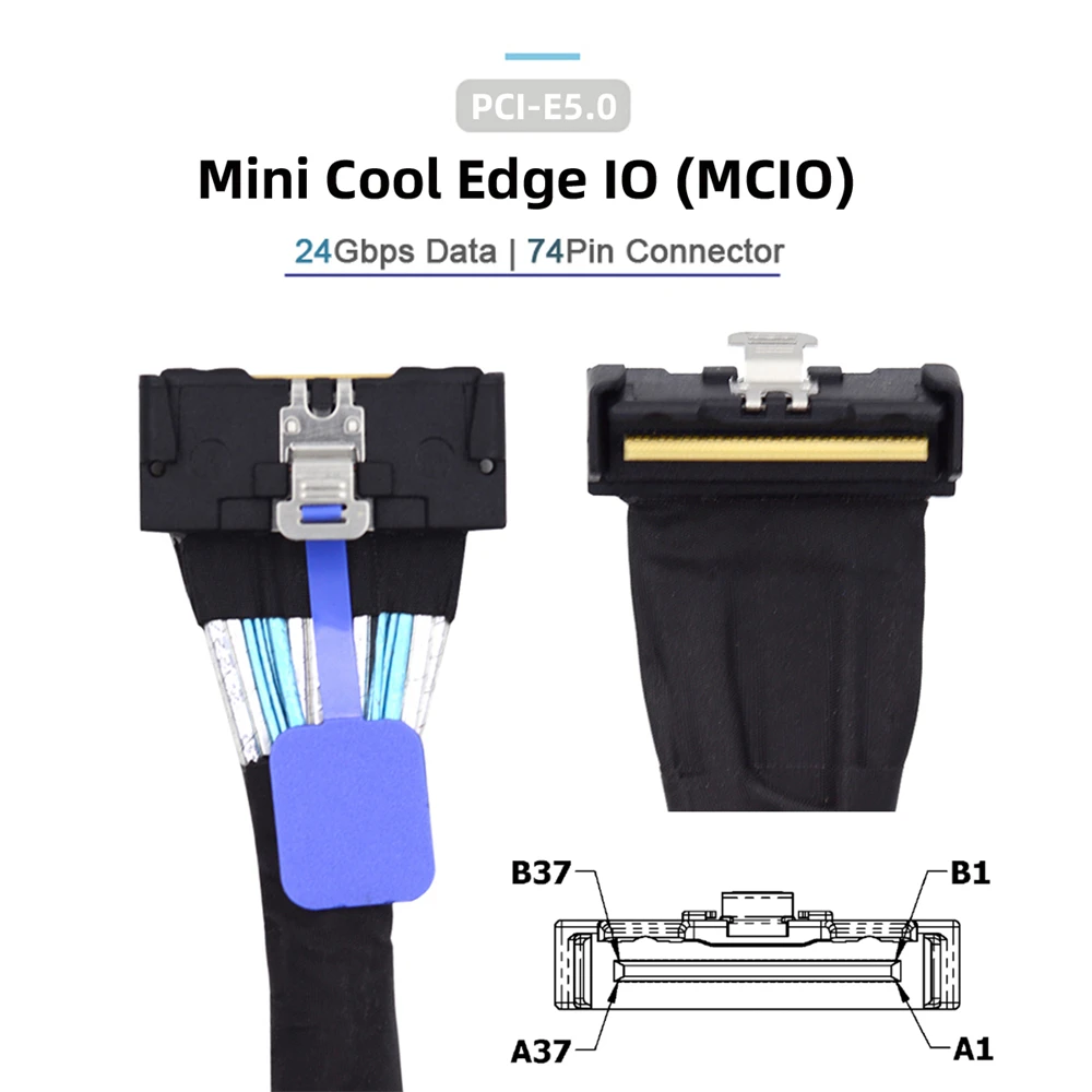 

Jimier 35cm PCI-E 5.0 Mini Cool Edge IO MCIO 74Pin Slimline SAS 8i 74Pin 24 Gbps 90 Degree UP Angled Extension Cable