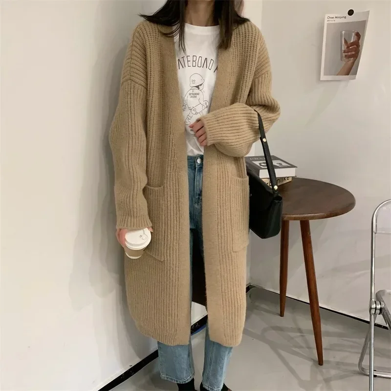 

2023 Women Solid Full Sleeve Sweaters Long Coats V Neck Knitted Thick Mid Length Cardigan Splice Loose Casual Autumn Winter