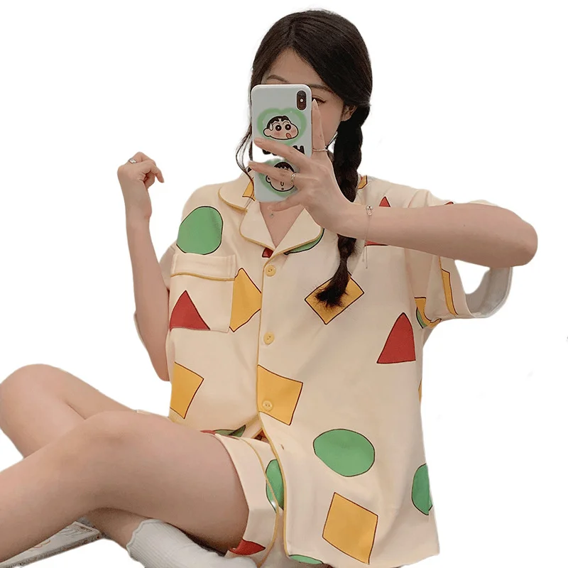 Crayon Same Style Pajamas For Women's Summer Cotton Short Sleeve Shorts Ins Style Cartoon Cute Home Suit Two Piece Pyjamas Sets