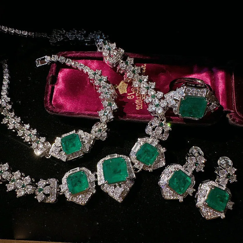 2023 Women Colombian caviar emerald necklace plated 18K gold pala peacock green ear of wheat zircon bracelet 1