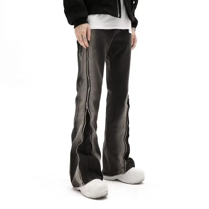 High street hip-hop Gradual change Jeans Zipper slit flared trousers design Straight leg Pants casual men and women jeans 5023 4
