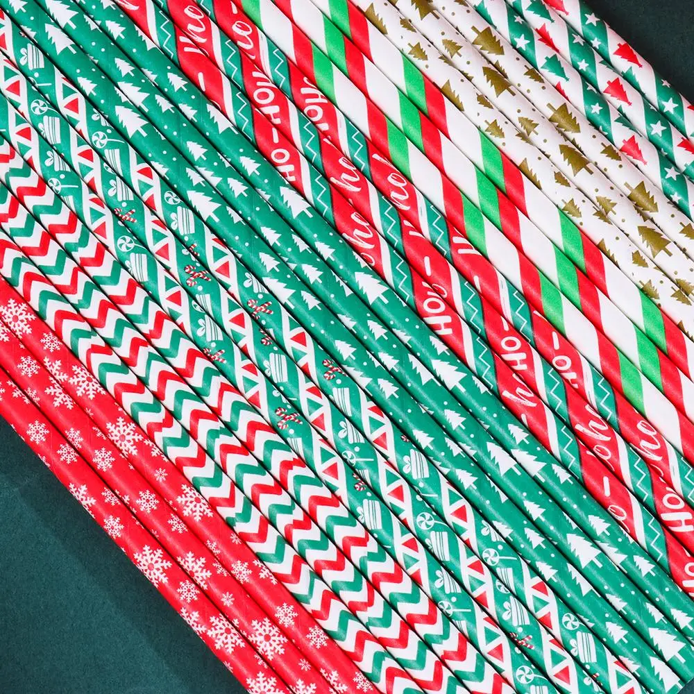 25Pcs New Table Decor Party Supplies Christmas Decorations Snowflake Drinking Straw Christmas Paper Straws Disposable