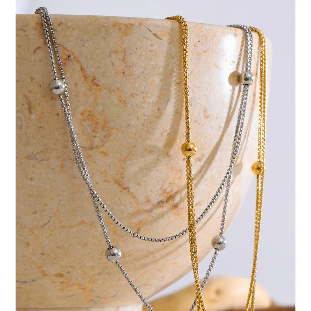 Yhpup Stainless Steel Double-Layer Chain Long Round Ball Drop Necklace
