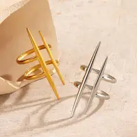 Vintage 18K Gold Plated Stainless Steel Parallel Double Line Hollowed Out Open End Ring Women Anti Allergic Charm Daily Jewelry - Image 3