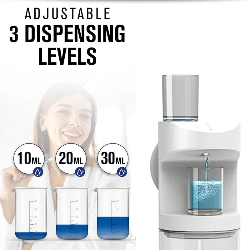 Mouthwash Dispenser 550ml Automatic Rechargeable Mounted with 3 Dispensing Levels and Magnetic Cups Storage