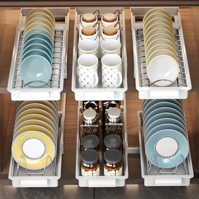 KitchenPulloutDishRackDrawerDryingRackSlidingBowlsDishes