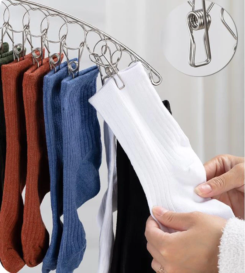Stainless Steel Sock Rack With Windproof Curved 16-Clip Clothes Rack With 16 Clips Multi Functional Dual-Purpose Clothes Rack 4
