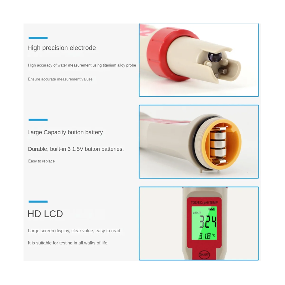

4 в 1 Цифровой тестер качества воды PH/TDS/EC/измеритель температуры для бассейнов, аквариумов, аквариумов, питьевой воды