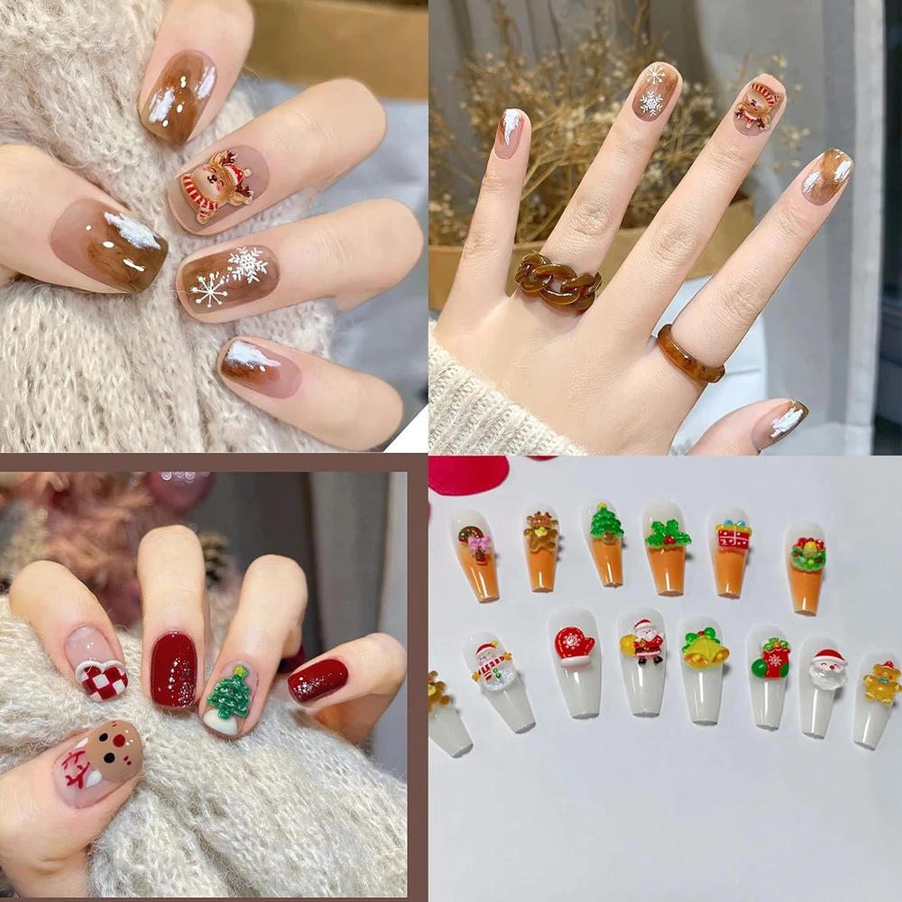 30/50개 믹스 산타클로스 크리스마스 트리 네일아트 참 장식품 크리스마스 눈사람 사슴 종 장갑 네일 매니큐어 액세서리