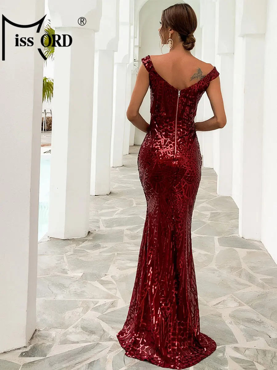 Missord Elegant Red Sequin Wedding Party Dress Women Off