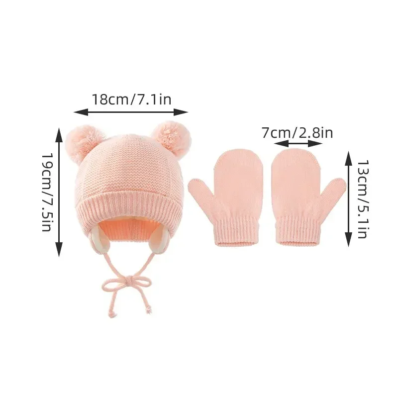 2Pcs Girls Boys Cute Outdoor War Baby Knit Gloves Hat Set Solid Color Autumn Winter Ear Protection Infant Toddler Beanie Cap For