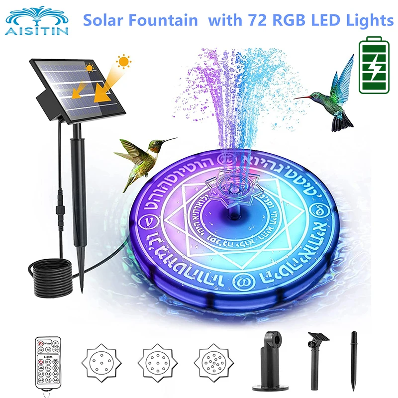 AISITIN Solar Fountain, Solar Bird Bath Fountains with 72 RGB LED Lights & 6 Lighting Modes 3600mAh Battery with Remote for Pond