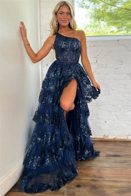 Kybeliny Glitter Layered Prom Dresses For Woman 2025 Saudi Arabia Slit One Shoulder Evening Gowns Vestidos De Fiesta Customized 2