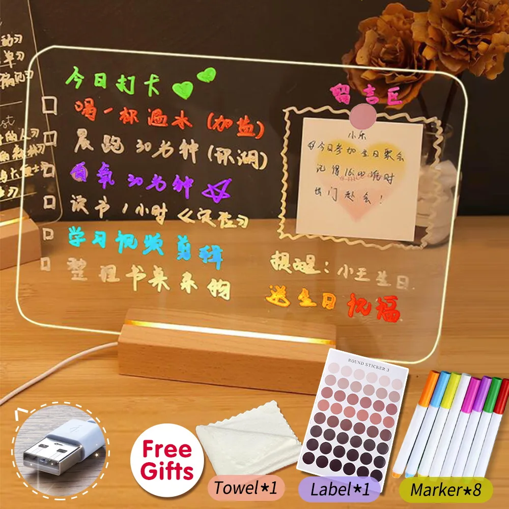 USB 아크릴 일일 알림 플래너 보드 사진 메모 메시지 형광 보드 나무 스탠드 홀더 LED 램프 크리 에이 티브 순간 패드