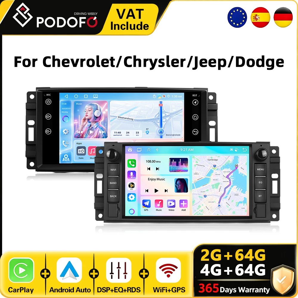 Radio para coche Podofo Android 2 Din 4G + 64G 7" para Chevrolet/Chrysler/Jeep/Dodge, estéreo para coche, Wifi, navegación GPS, sistema inteligente para coche, CarPlay, Android, unidad principal, BT, FM, Autoradio 1