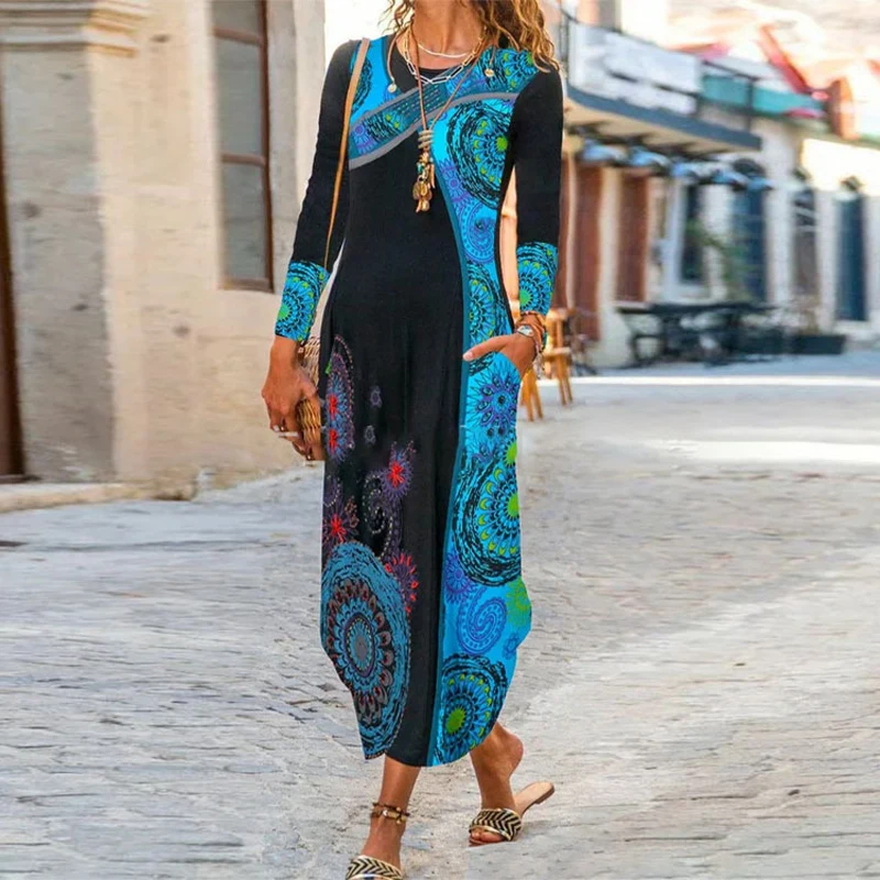 

Vintage Pattern Print Maxi Dress For Women Fall Fashion O-neck Long Sleeve Lady Party Dresses Casual Loose Long Dress Vestidos