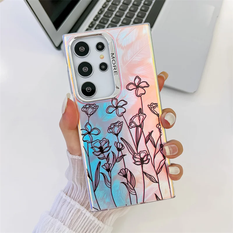 Coque de téléphone à motif de fleur laser pour Samsung Galaxy S25 S23 FE S24 Plus S22 Ultra A14 A15 A55 A54 A25 A35 A34 Coque arrière rigide en PC mat_voghion.com