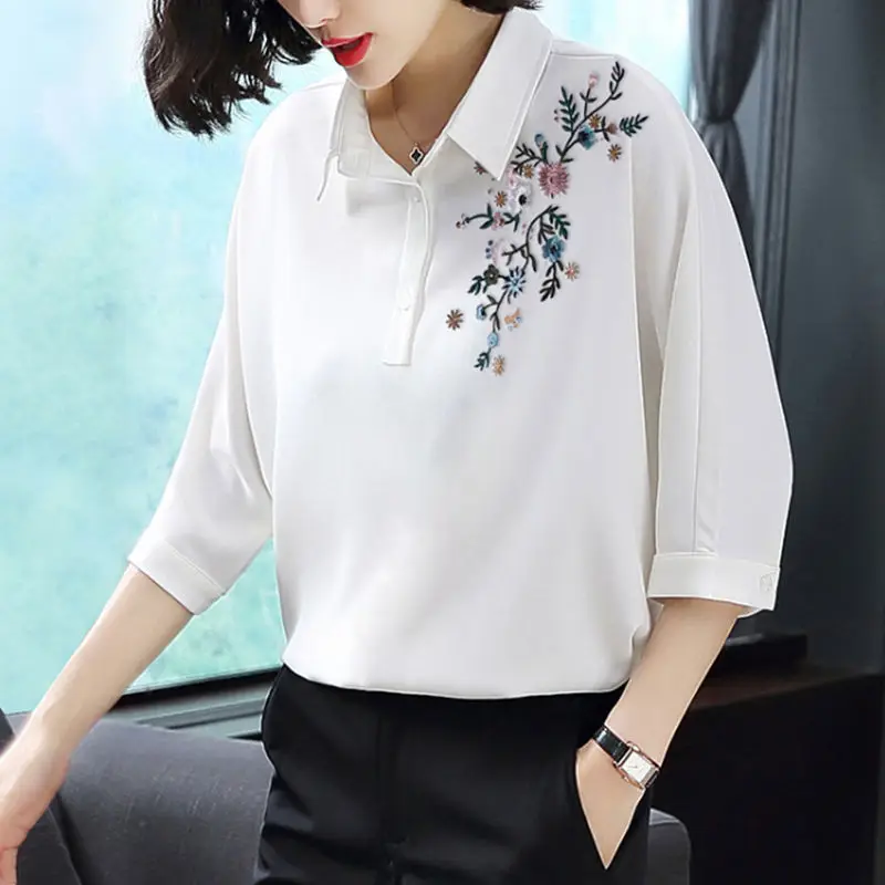 Flower Embroidered Chic White Simple Commute Top Blouse Women Summer Fashion Casual Loose Half Sleeve Shirts Female Clothing2023