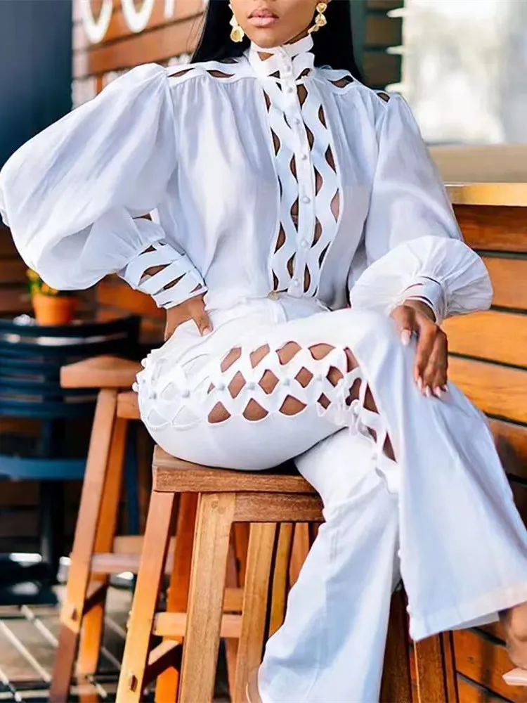 Wmstar 2 Piece Set Women Plus Size Hollow Out Sexy Young Daily Soft Full Sleeve Fashion Pants Wide Leg Wholesale Dropshipping