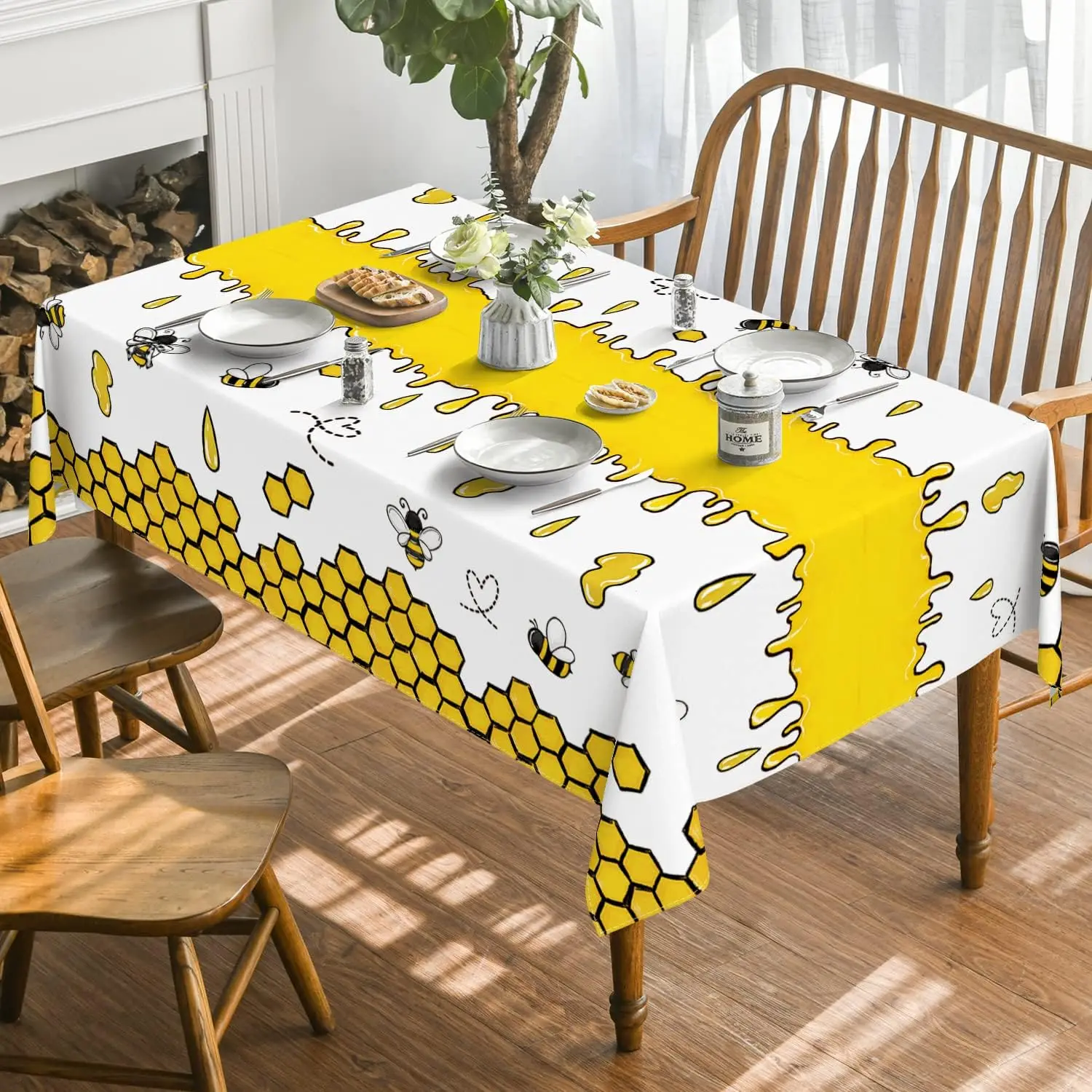 Kitchen-Rectangle-Tablecloth-Bee-and-Honeycomb-Yellow-Tablecloth-for ...