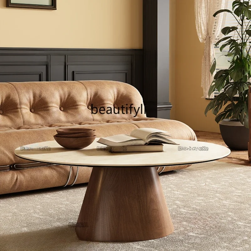 

Vintage Cave Stone Stone Plate Coffee Table Solid Wood round Silent Antique Style Walnut Color
