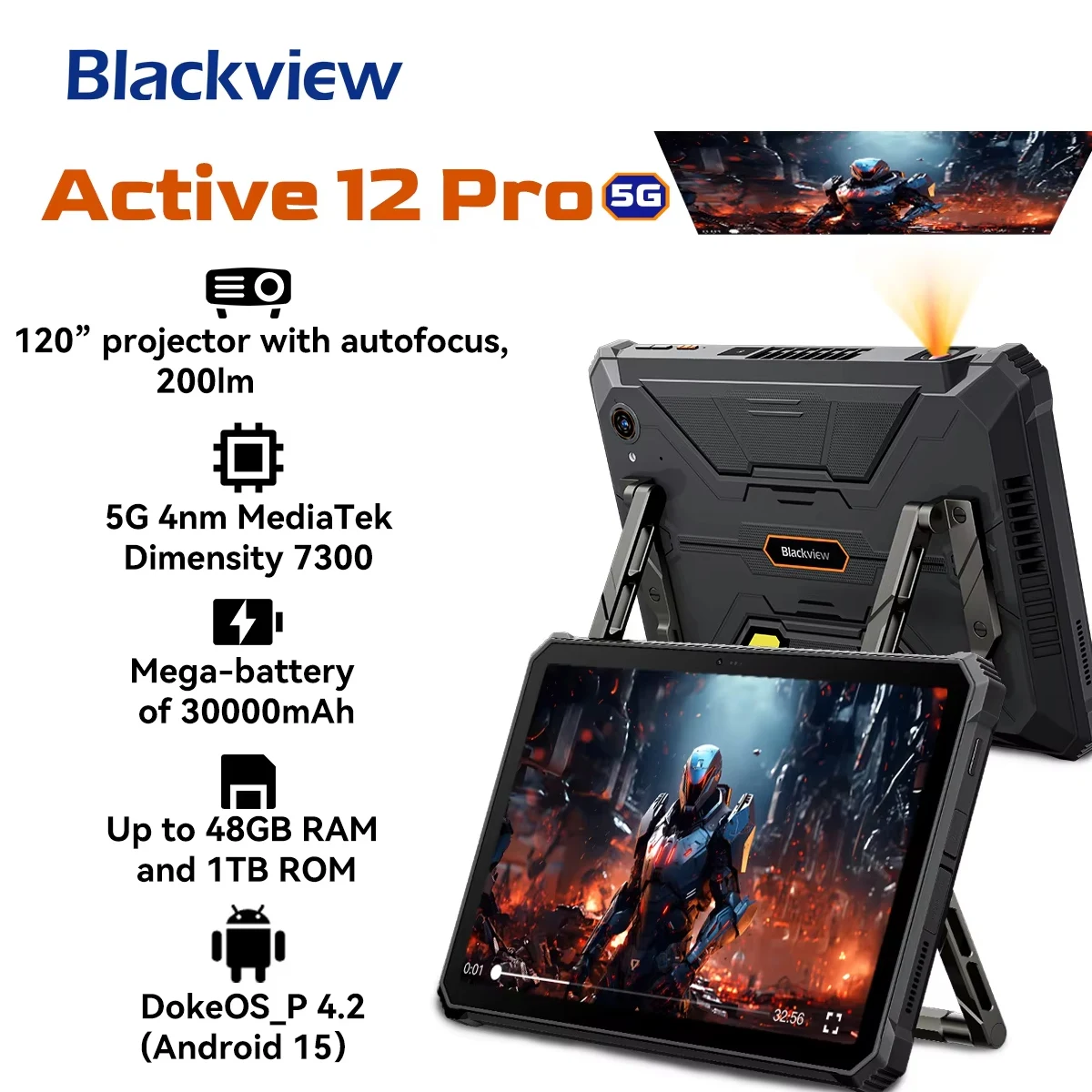 Blackview Active 12 Pro Rugged Projector Tablet Android 15