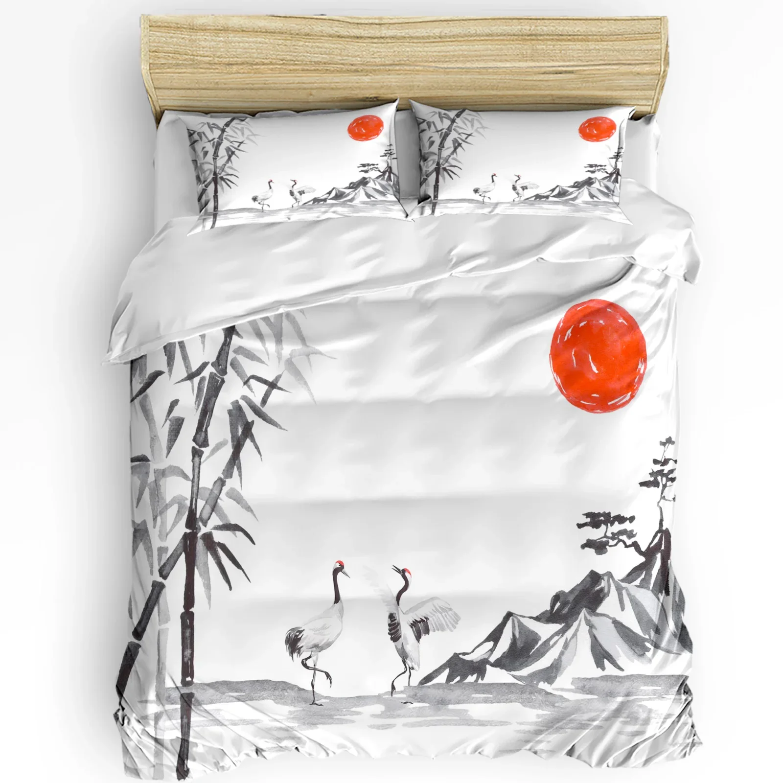 

Chinese Style Painting Crane Bamboo Sun Mountain Tree 3pcs Bedding Set For Bed Home Textile Duvet Cover Quilt Cover Pillowcase