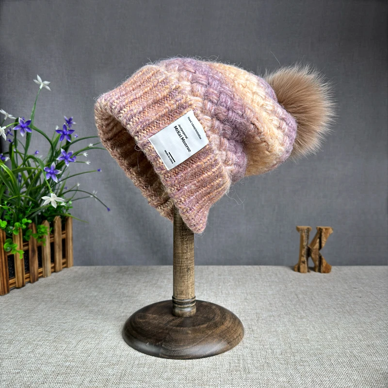 High quality New winter Hat Women's rabbit fur Knitted Hat Fox fur pompom Hat Curled Edge mix Colore Hat for girls womens 3