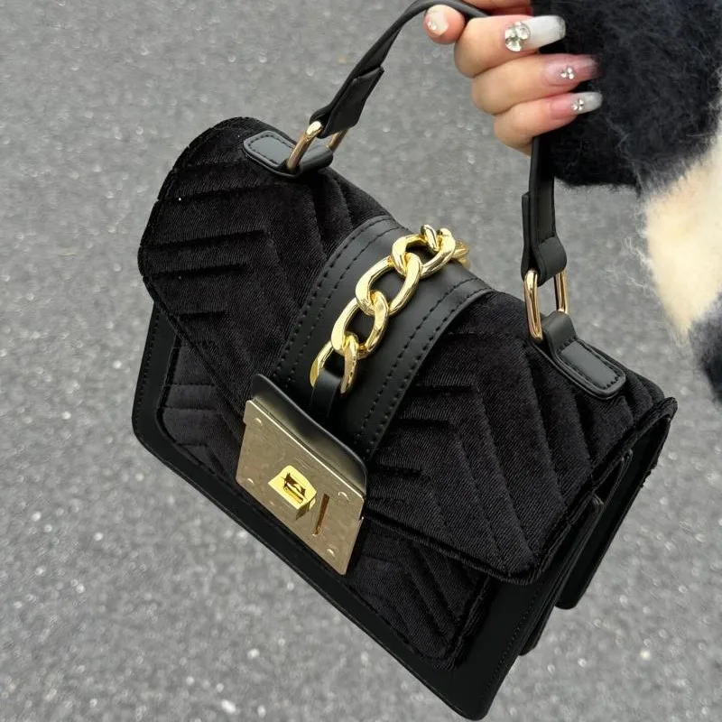 JIAERDI Retro Black Velvet Luxury Bags Women Square Chain Gold Lock Shoulder Bag Ladies Fashion High End Versatile Crossbody Bag